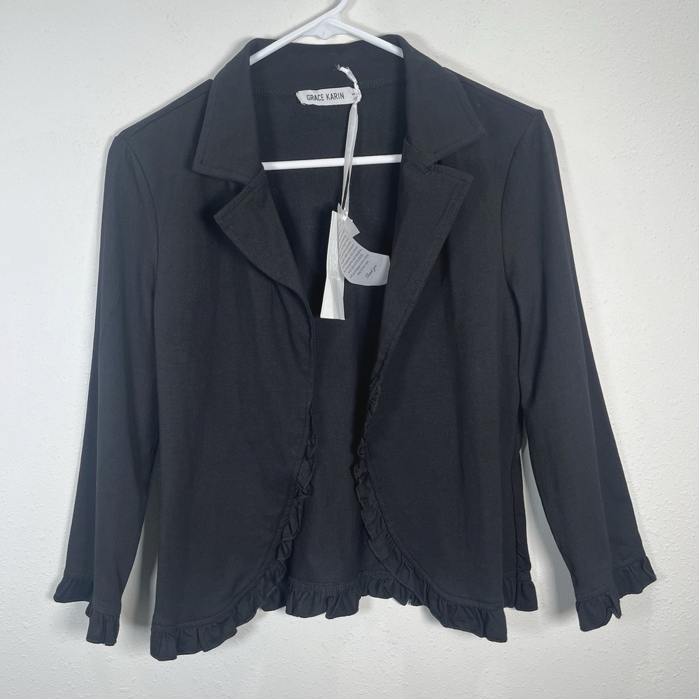NWT Grace Karin Jacket Womens Sz Small Black Knit Ruffle Detail 3/4 Sleeve